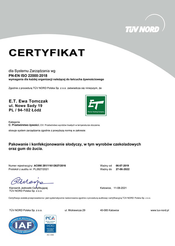 ET ISO 22000 Certyfikat